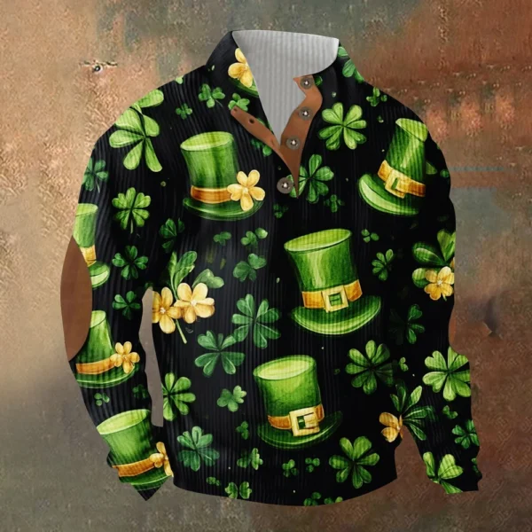 Knit Printed 3 Button - Corduroy Men's Standing Collar Pocket Sweatshirt - Image 13