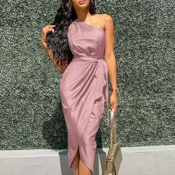 Women's long dress slanted shoulder slim satin dress - Image 2