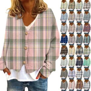 Women's Fashion Short Jacket Casual  Plaid Print Single Breasted Plush Top ﻿