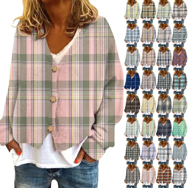Women's Fashion Short Jacket Casual  Plaid Print Single Breasted Plush Top ﻿