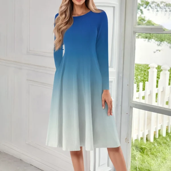 Women's Casual Fashion Round Neck Long Sleeve Print Midi Dress - Image 13