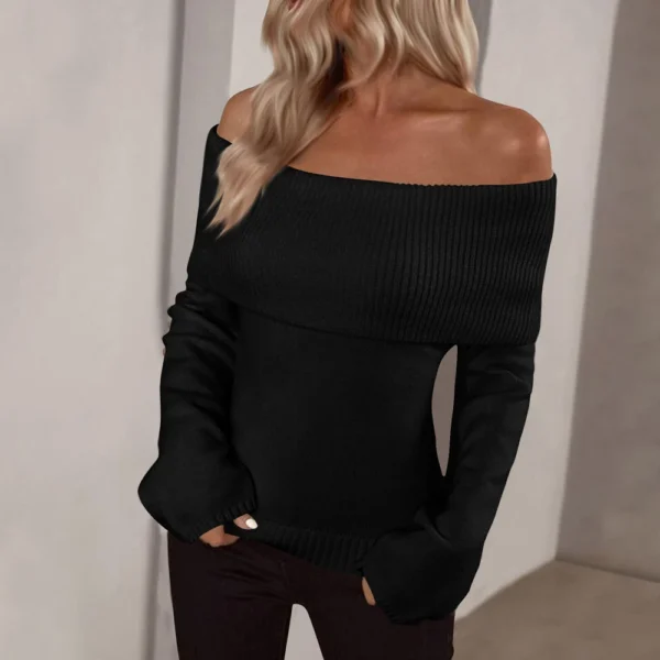 Pullover Jumper Tops Womens Off Shoulder Fold Over Sweater Knit Fall Sweaters - Image 16