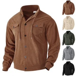 Men's Solid Color Corduroy Lapel Jacket Men's Retro Multi-Pocket Work Jacket