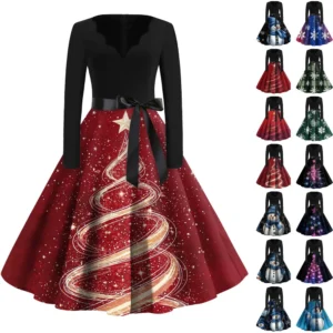 Women's Casual V-Neck Fashion Printed Christmas Long Sleeve Slim Dresses