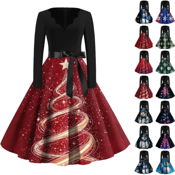 Women's Casual V-Neck Fashion Printed Christmas Long Sleeve Slim Dresses