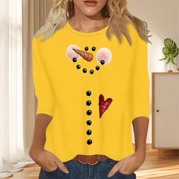 Ladies Casual Christmas Printed Top Round Neck 3/4 Sleeve Loose Women's T-Shirt - Image 37