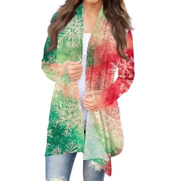 Women's Cardigan Christmas Printed Jacket Casual Medium Length Fashion Coat - Image 3