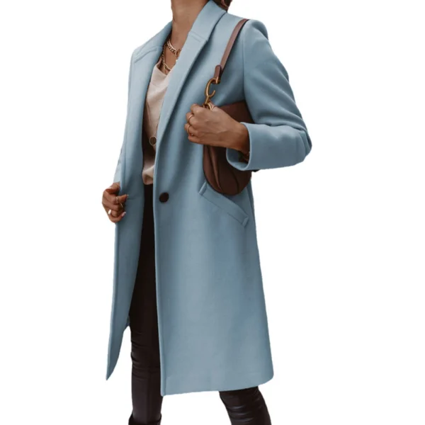 Solid color lapel long button woolen coat for women - Image 11
