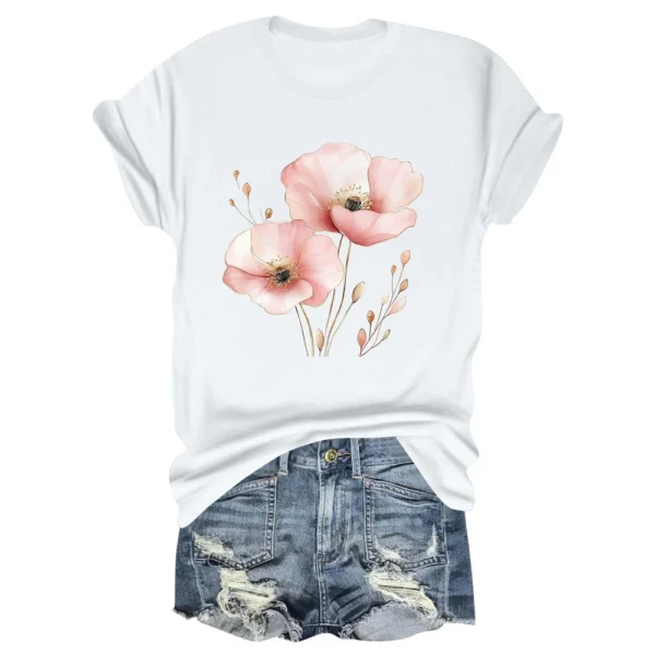 Women's Daily Printed Fashion Round Neck Loose Short Sleeved Casual T-Shirt - Image 32