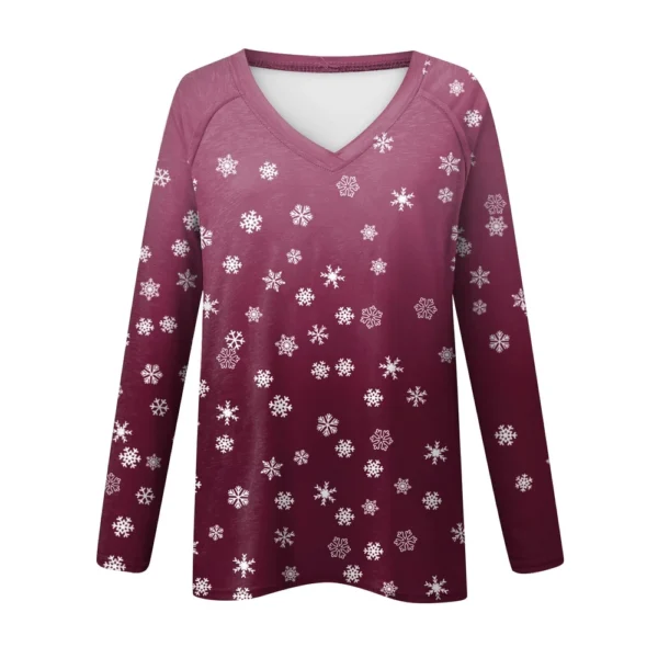 Women's Casual V-Neck Printed Long Sleeved Top Comfortable Christmas T-Shirt - Image 9