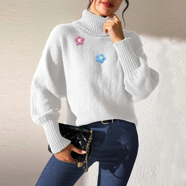 Women's  Fall And Winter Solid  Hand   Crochet Flower Splicing Turtleneck - Image 8
