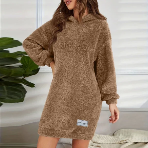 Women's Fashion Hooded Long Sleeve Plush Dress Solid Color Casual Sweatshirt - Image 25