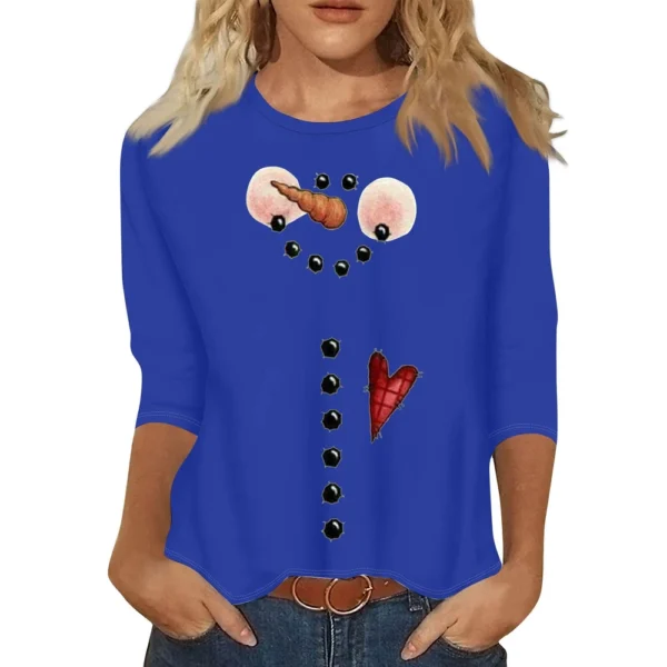 Ladies Casual Christmas Printed Top Round Neck 3/4 Sleeve Loose Women's T-Shirt - Image 8