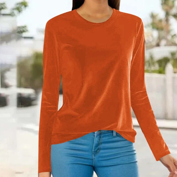 Women's Fashion Golden Velvet Solid Colour Round Neck Long Sleeve T-Shirt Top - Image 39