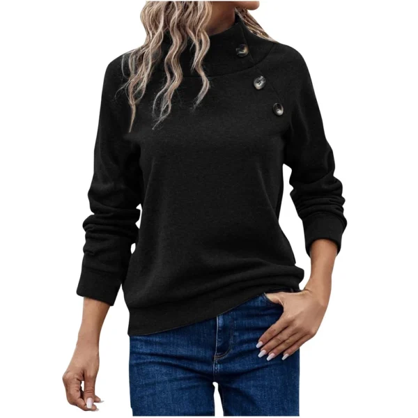Women's Fashion Casual Solid Color High-neck Button Loose Long-sleeved Hoodie - Image 4