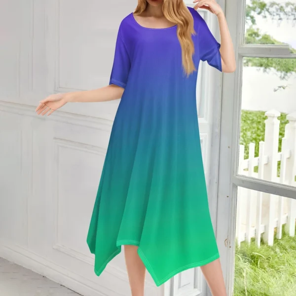 Women's Casual Fashion Round Neck Short Sleeve Print Irregular Hem Midi Dress - Image 19