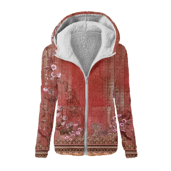 Women's Fashion Retro Floral Print Hooded Plush Casual Top Zipper Jacket - Image 2
