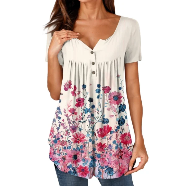 Women Tunic Tops Dressy Casual Summer Short Sleeve Shirts Loose Fit Pleated - Image 26