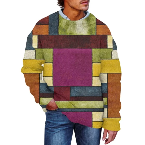 Men'S Printed Synthetic Sweater Round Neck Sportswear Loose Long Sleeved Top - Image 29