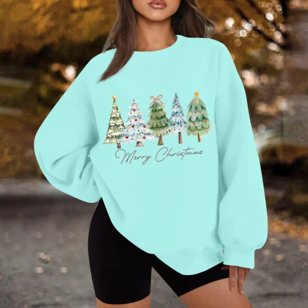 Women's Casual Fashion Long Sleeve Christmas Print Round Neck Sweatshirt Top - Image 33