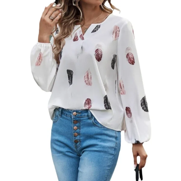 V-neck printed long-sleeved loose T-shirt women's top - Image 5