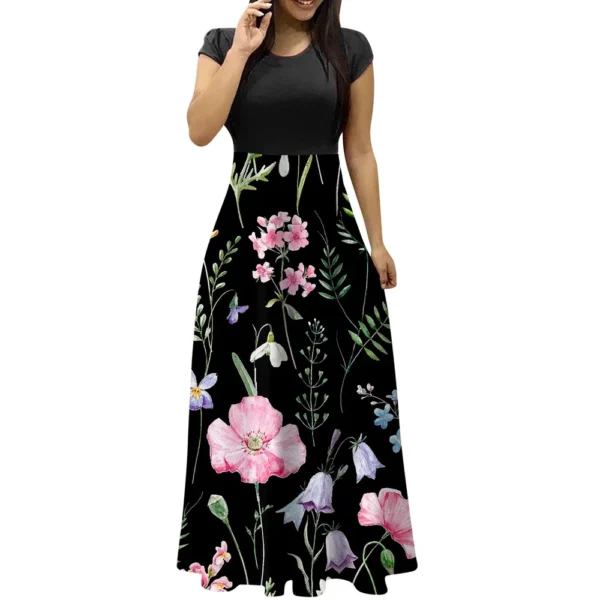 Women's Fashion Casual Loose Printed Round Neck Short Sleeve Long Dresses - Image 14
