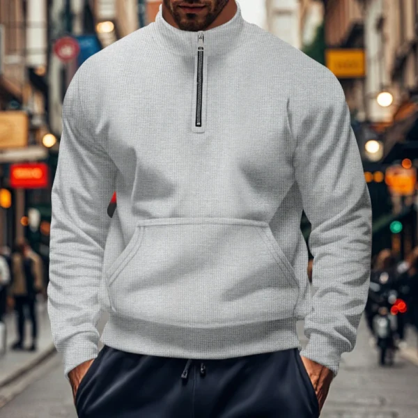 High neck solid color half zip pocket long sleeve for men - Image 4