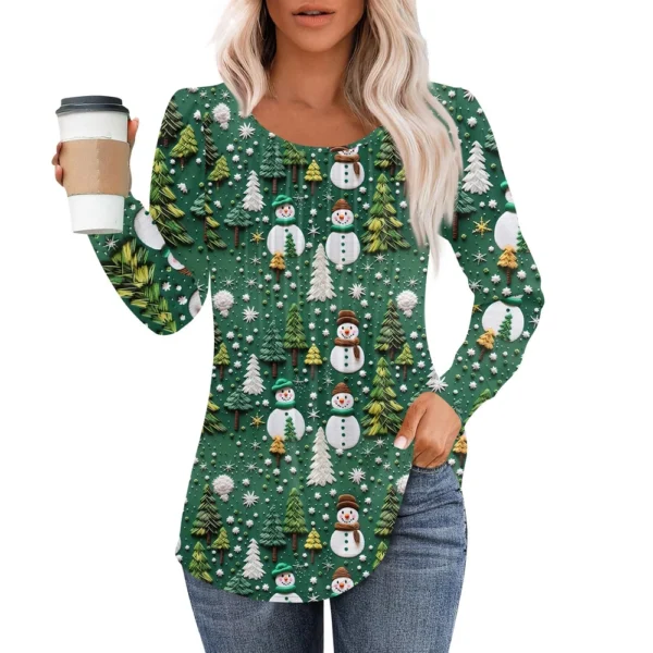 Women's Christmas Pleated Top Round Neck Casual Printed Long Sleeved T-Shirt - Image 10