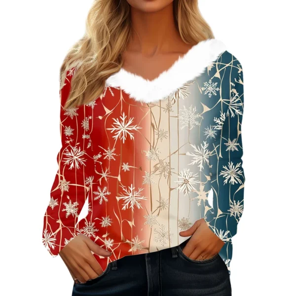 Women's V Neck Party Fleece Collar Top Shirt Christmas Long Sleeve T Shirt - Image 8