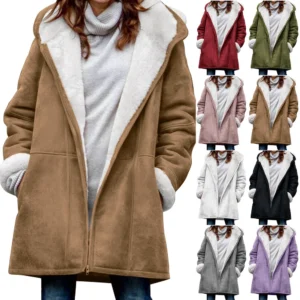 Women's  Fashionable Solid Color Warm Coat Long Sleeved Zipper Loose Hooded