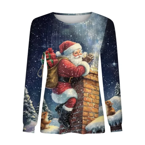 Women's Printed Christmas Top Round Neck Casual Pleated Long Sleeved T-Shirt - Image 12