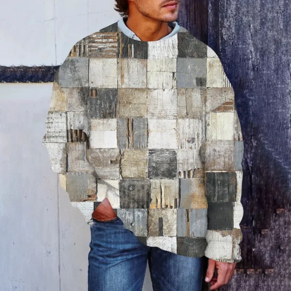 Men'S Printed Synthetic Sweater Round Neck Sportswear Loose Long Sleeved Top - Image 16