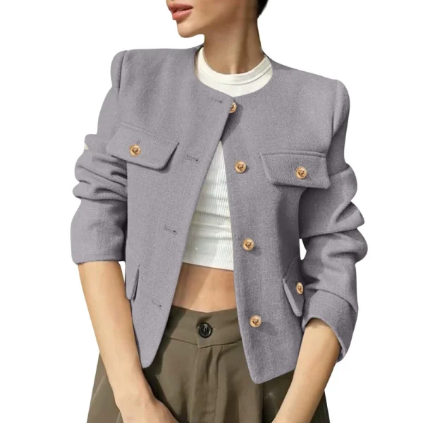 Women's Solid Color Round Neck Fashionable Button Decorated Short Jaket - Image 23