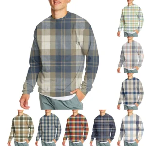 Men's Casual Fashion Comfortable Plaid Round Neck Pullover Sweatshirt Sweatshirt