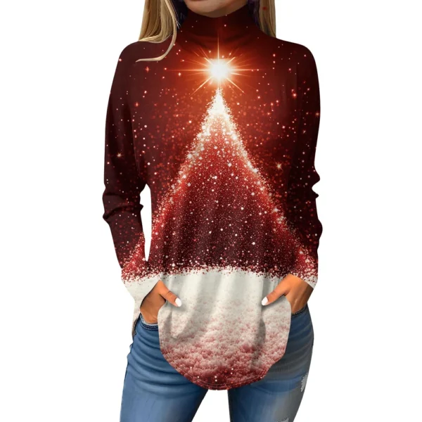 Women's Printed Christmas High Neck Pullover Long Sleeve Casual Fashion T-Shirt - Image 2