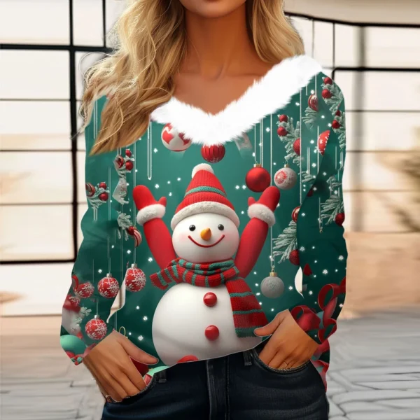 Women's Long Sleeve Christmas Printed Party Plush Neck Wide Casual V-Neck Top - Image 19