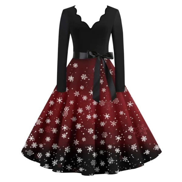 Women's Casual V-Neck Fashion Christmas Slim Long Sleeve Printed Dresses - Image 7