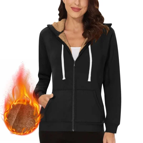 Lined Jacket Women Flannel Winter Warm Fleece Zip Up Hooded With Side Pockets - Image 14