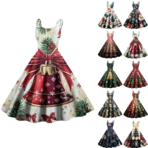 Women's Casual Fashion Christmas Print Sexy Off Shoulder Punk Retro Dress Retro