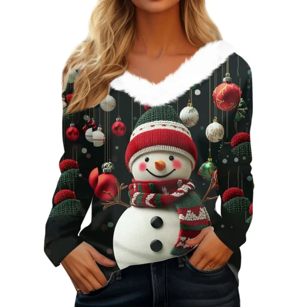 Women's Long Sleeve Christmas Printed Party Plush Neck Wide Casual V-Neck Top - Image 14