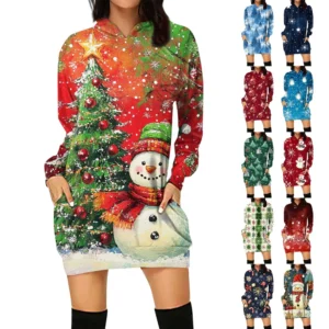 Ladies' Loose Casual Pocket Long Sleeved Hoodie Christmas Printed Sweatshirt