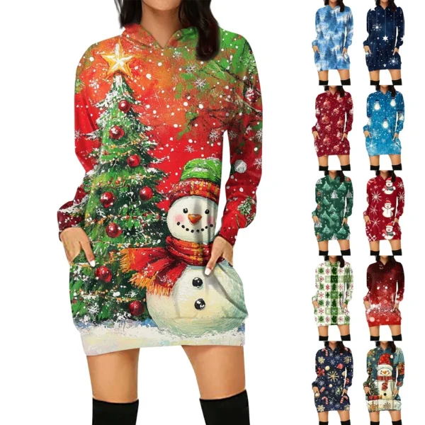 Ladies' Loose Casual Pocket Long Sleeved Hoodie Christmas Printed Sweatshirt