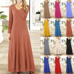 Women's Casual Fashion Long Sleeve  Solid Color Vintage Long Dresses Fall