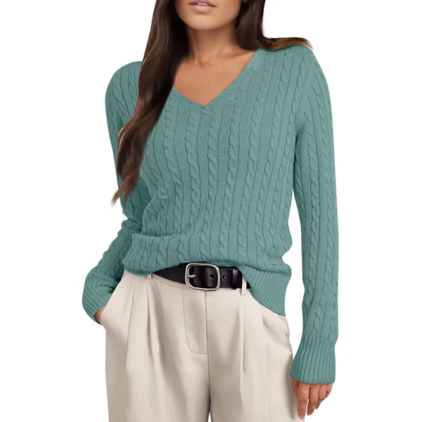 Women's Cable Knit V Neck Sweater Lightweight Soft Pullover Sweaters - Image 22