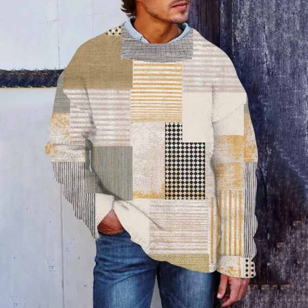Men'S Printed Synthetic Sweater Round Neck Sportswear Loose Long Sleeved Top - Image 19
