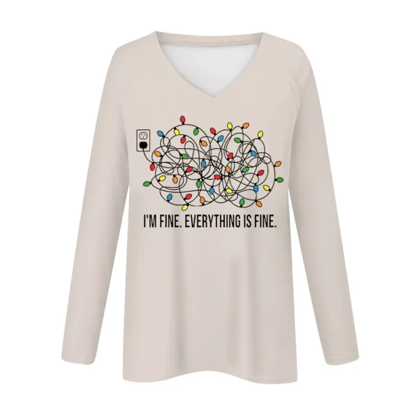 Women's Comfortable V-Neck Printed Long Sleeved Top Christmas Casual T-Shirt - Image 11