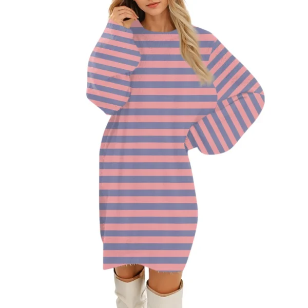 Women's Round Neck Casual Long Sleeve Plush Gradient Stripe Dresses - Image 3