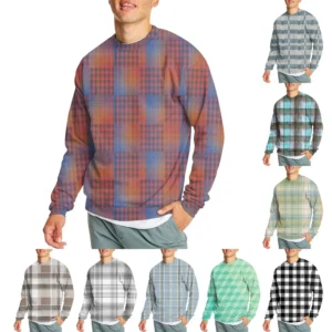 Men's Casual Fashion Comfortable Plaid Round Neck Pullover Sweatshirt Sweatshirt