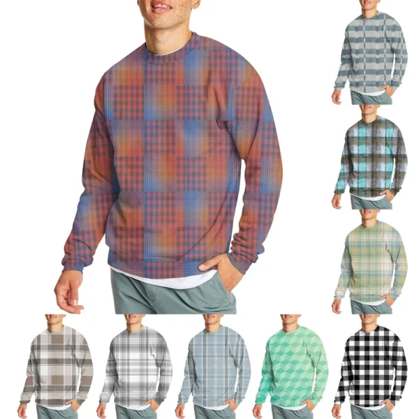 Men's Casual Fashion Comfortable Plaid Round Neck Pullover Sweatshirt Sweatshirt
