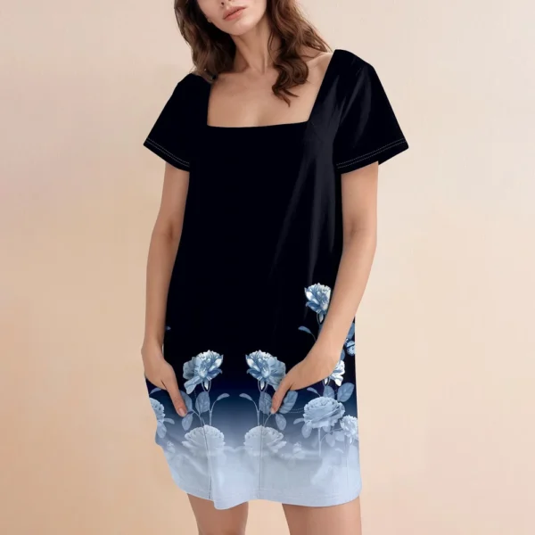 Women's Square Collar Short Sleeve Fashion Skirt Floral Print Pocket Casual - Image 18